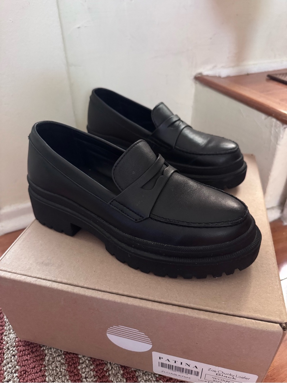Portland Leather Patina Zoe Chunky Black Leather Penny Loafers - 7.5 - Picture 2 of 6